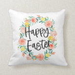 Stylish Typography Watercolor Floral Wreath Easter Throw Pillow<br><div class="desc">This beautiful throw pillow features a watercolor painted floral wreath in coral pink and peach,  yellow,  green,  and teal. Modern hand lettered typography reads,  "Happy Easter" in black. The back of the pillow contains a pattern of little white dots over a matching light teal green background.</div>