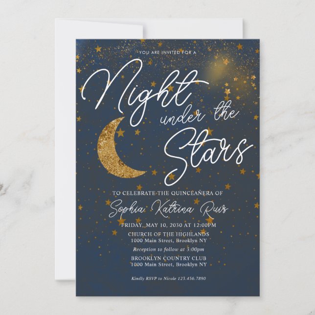 Stylish Under the Stars Blue Gold Moon Quinceañera Invitation (Front)