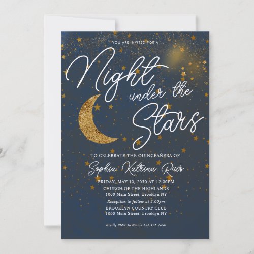 Stylish Under the Stars Blue Gold Moon Quinceaera Invitation