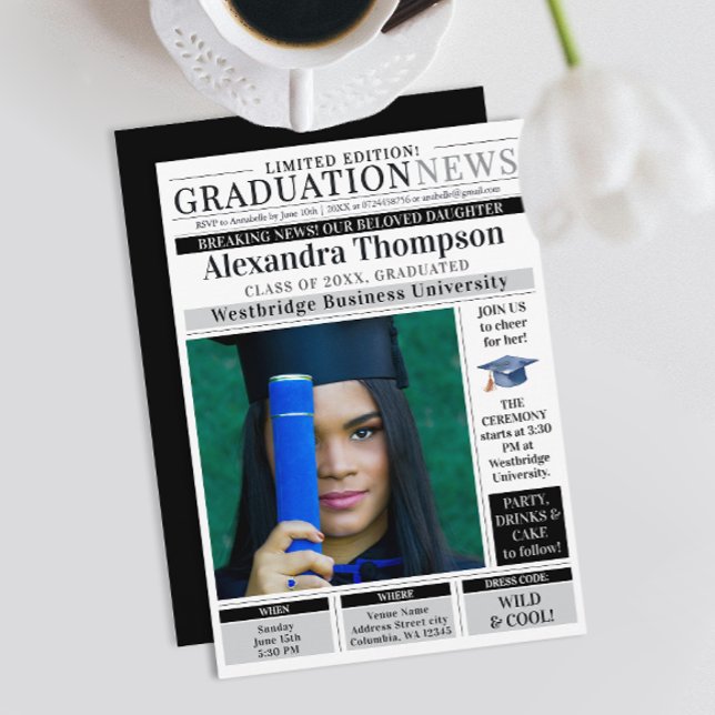 Stylish Unique Black Newspaper Graduate Student Invitation (Creator Uploaded)