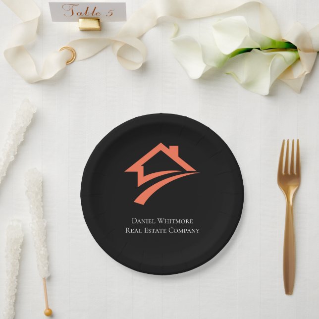 Stylish Unique Black Real Estate Agent Paper Plates (Wedding)
