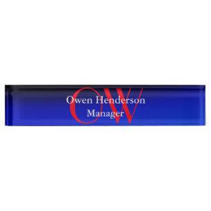 Stylish Unique Blue Red Bold Text Monogram Desk Name Plate