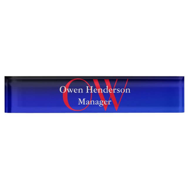 Stylish Unique Blue Red Bold Text Monogram Desk Name Plate (Front)