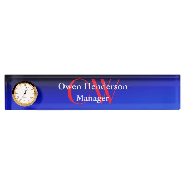 Stylish Unique Blue Red Bold Text Monogram Desk Name Plate (Front)