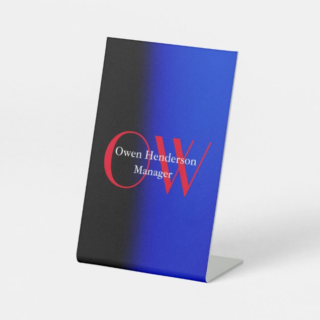 Stylish Unique Blue Red Bold Text Monogram Pedestal Sign (Front)