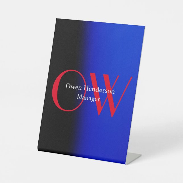Stylish Unique Blue Red Bold Text Monogram Pedestal Sign (Front)