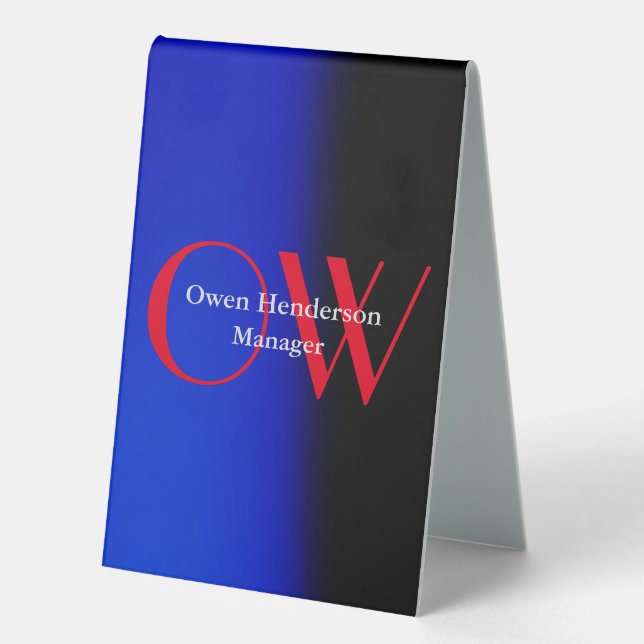 Stylish Unique Blue Red Bold Text Monogram Table Tent (Front)
