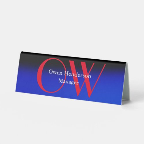 Stylish Unique Blue Red Bold Text Monogram Table Tent Sign