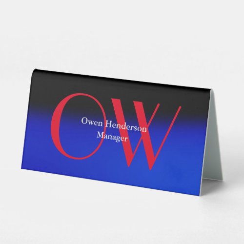 Stylish Unique Blue Red Bold Text Monogram Table Tent Sign