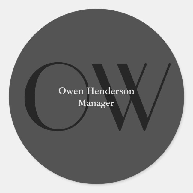 Stylish Unique Gray Black Monogram Classic Round Sticker (Front)