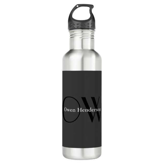 Stylish Unique Gray Black Monogram Stainless Steel Water Bottle (Front)