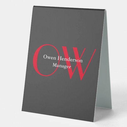 Stylish Unique Grey Red Bold Text Monogram Table Tent Sign