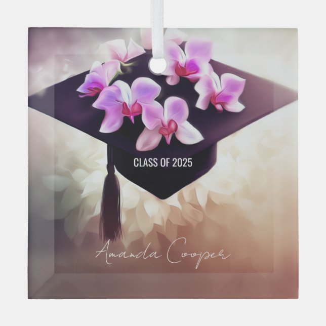 Stylish Unique Orchids Graduation Glass Ornament (Front)