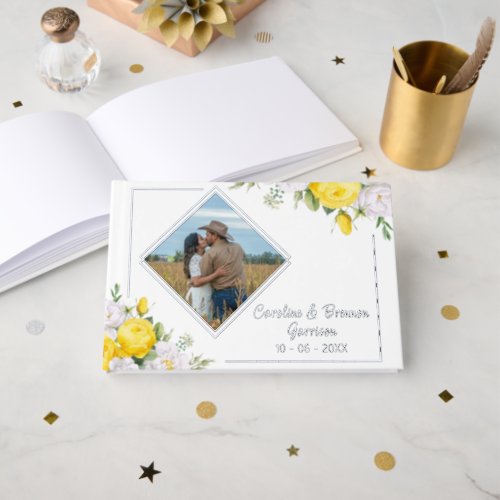 Stylish Unique Yellow White Roses Floral Gold Foil Foil Guest Book