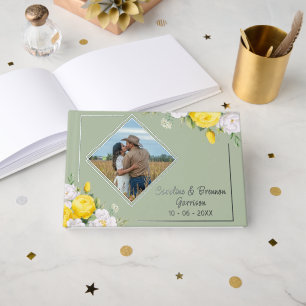 Stylish Unique Yellow White Roses Floral Gold Foil Guest Book