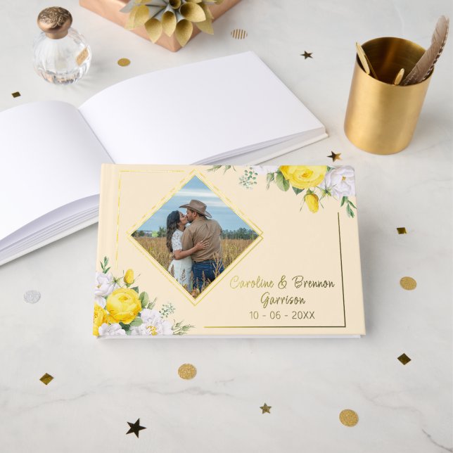 Stylish Unique Yellow White Roses Floral Gold Foil Guest Book (Front Open)