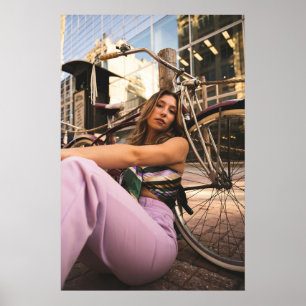 Stylish Urban Cycling. Woman with Vintage Bike Art Poster