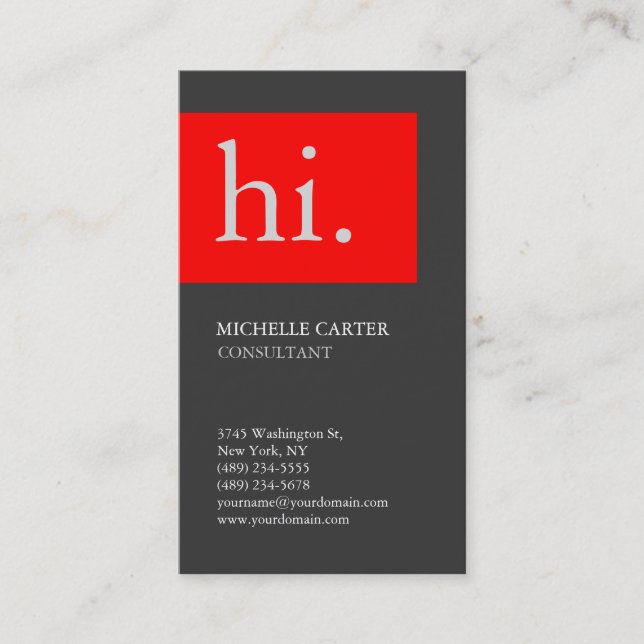 Stylish Vertical Elegant Plain Gray Red Chic Hello Business Card (Front)