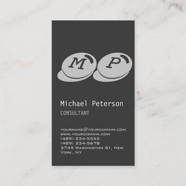 Stylish Vertical Gray Monogram Business Card (Front)