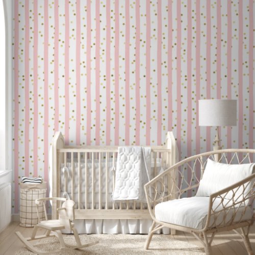 Stylish Vertical Pink Stripe and Gold Confetti  Wallpaper