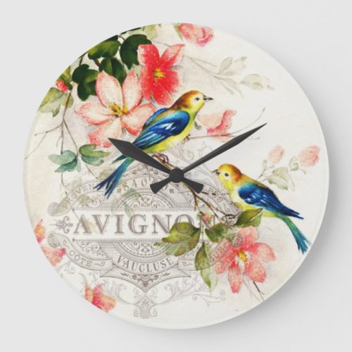Stylish Vintage Birds and French Script Wall Clock