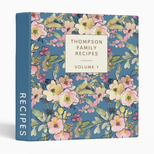 Stylish Vintage Blue Floral Personalized Recipe  3 Ring Binder