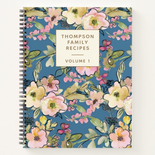 Stylish Vintage Blue Floral Personalized Recipe Notebook