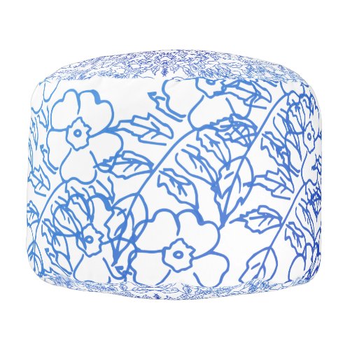Stylish Vintage Blue Floral print pattern on white Pouf