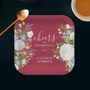 Stylish Vintage Burgundy Retirement Garden Floral Paper Plates