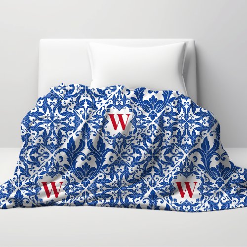 Stylish vintage damask navy Blue monogram Duvet Cover