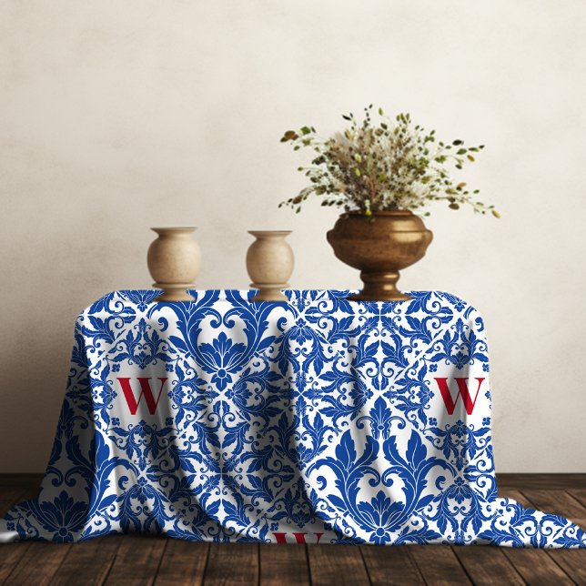 Stylish vintage damask navy Blue monogram Tablecloth (Creator Uploaded)