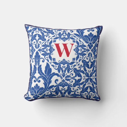 Stylish vintage damask navy Blue monogram Throw Pillow