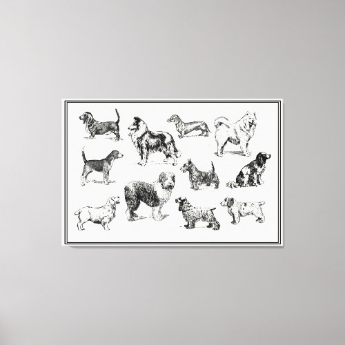 Stylish Vintage Dog Breeds Black and White Canvas Print