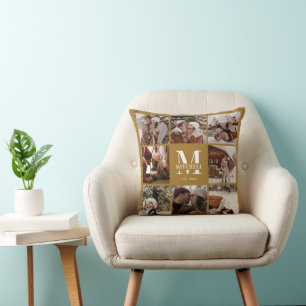 Stylish Vintage Gold Family Photo Collage Monogram Throw Pillow