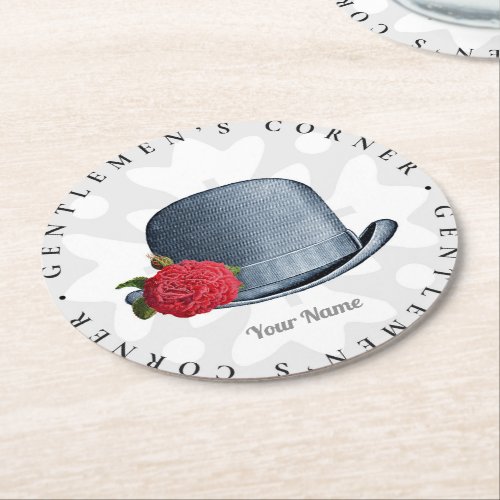 Stylish Vintage Hat Flower Gentlemen Add Your Name Round Paper Coaster