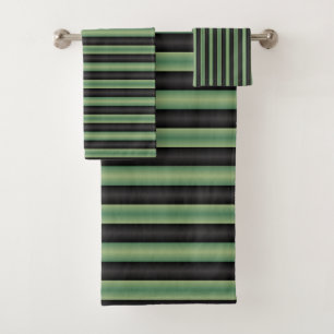 Stylish Vintage Olive Sage Green Black 3D Striped Bath Towel Set