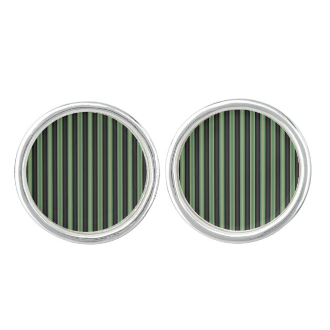 Stylish Vintage Olive Sage Green Black 3D Striped  Cufflinks (Front)