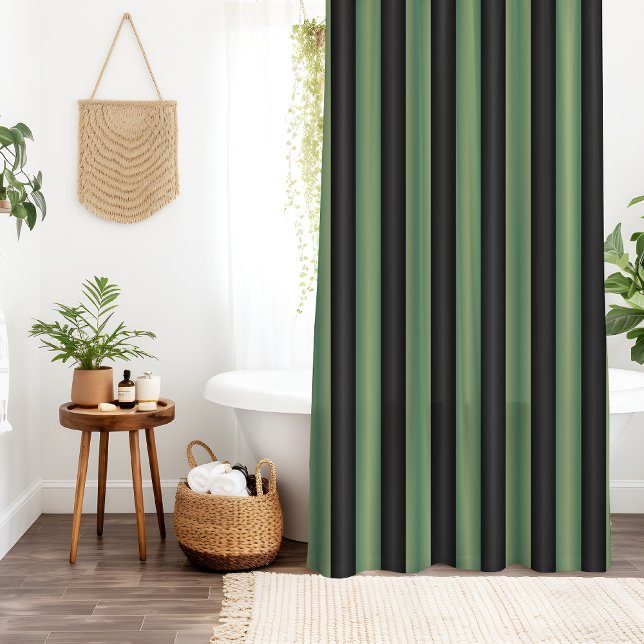 Stylish Vintage Olive Sage Green Black 3D Striped  Shower Curtain (Creator Uploaded)