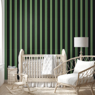 Stylish Vintage Olive Sage Green Black 3D Striped Wallpaper