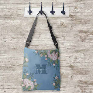 Stylish Vintage Pink Rose Monogram Simple Floral Crossbody Bag