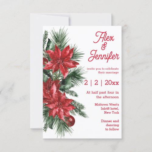 stylish vintage red poinsettia and pine wedding   invitation