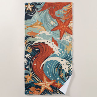 Stylish Vintage Waves and Starfish Beach Towel