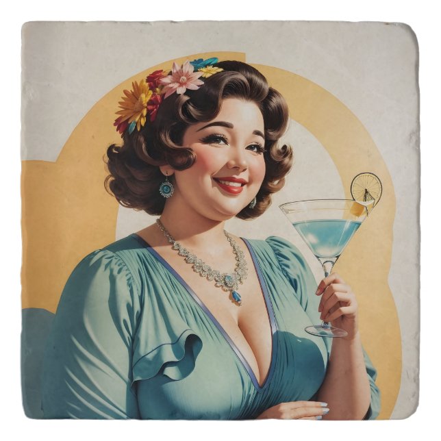 Stylish Vintage Woman Holding A Martini Glass Trivet (Front)