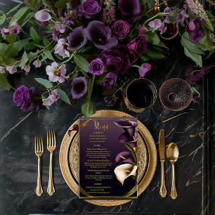Stylish Violet Purple and Gold Calla Lily Wedding Menu