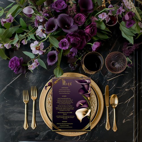 Stylish Violet Purple and Gold Calla Lily Wedding  Menu