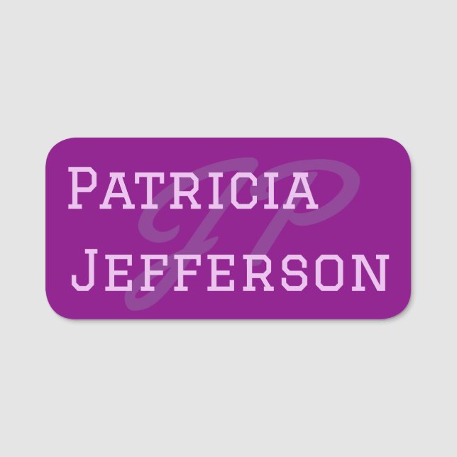 Stylish Violet Purple: Unique Monogram Calligraphy Name Tag (Front)
