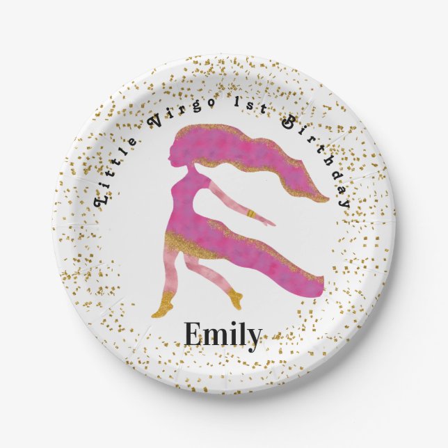 Stylish Virgo 1st Birthday & Gold Confetti  Paper Plates (Front)