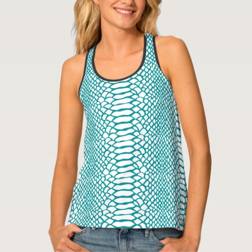 Stylish Viridian Green Snake Skin Pattern on White Tank Top