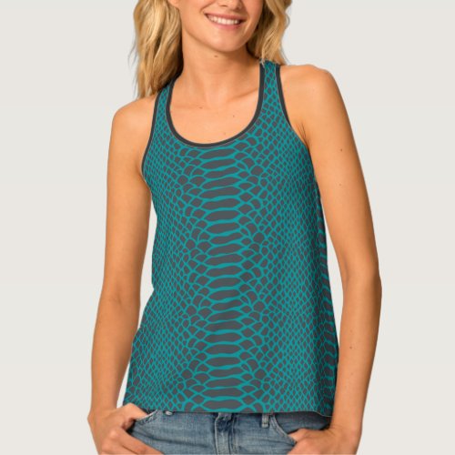 Stylish Viridian Green Snake Skin Print Off_Black Tank Top