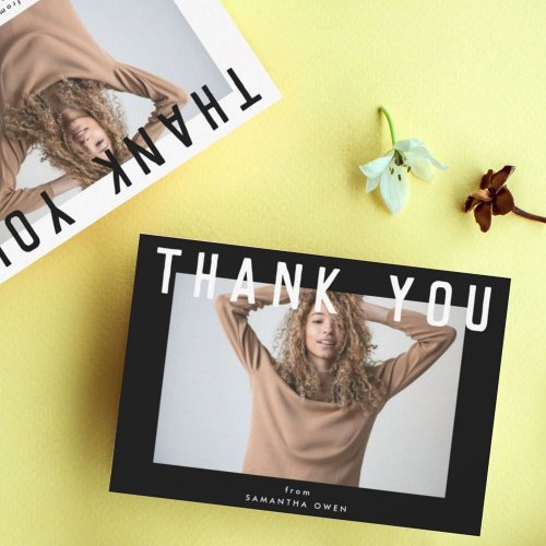 stylish voguish black chic smart grad photo thank you card